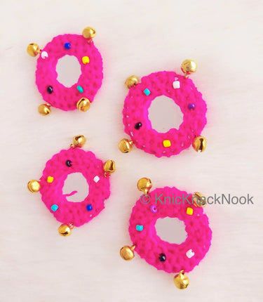 Circle Shaped Mirrored Applique With Jingle Bell Beads And Multicoloured Beads, Bohemian Applique, Summer Applique